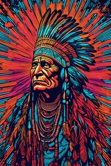 a vintage retro psychedelic black light concert gig band music poster featuring an Indian chief, native, aboriginal, native American