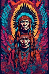 a vintage retro psychedelic black light concert gig band music poster featuring an Indian chief, native, aboriginal, native American