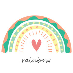 Rainbow with heart. Hand drawn vector illustration in scandinavian style.