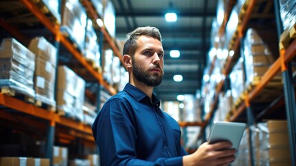 Close up caucasian male manager in light warehouse distribution logistic centre holding tablet