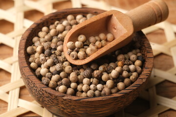 white pepper in the wooden bowl. pepper is a flowering vine in the family Piperaceae, cultivated for its fruit, which is usually dried and used as a spice and seasoning. Piper nigrum