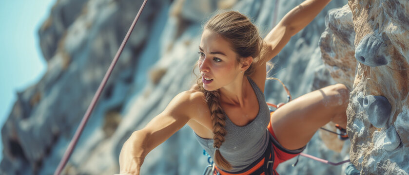 Determined Female Athlete Conquering Artificial Climbing Wall with Focus and Strength