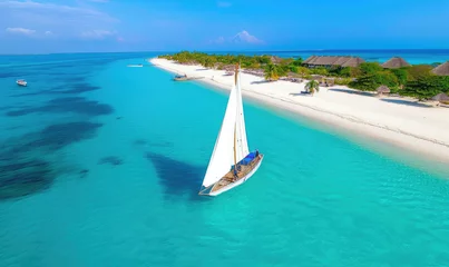 Gordijnen Board a traditional wooden dhow boat and discover the natural wonders of Zanzibar's Blue Safari, from coral reefs to deserted islands. © STORYTELLER AI
