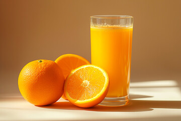 healthy and fresh orange juice in a glass for breakfast with oranges