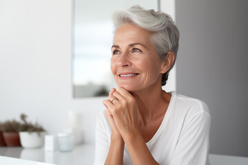 Beautiful elderly senior model woman with grey hair laughing and applying skincare products at home 