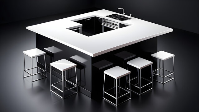 3d render of an interior modern kitchen. cafeteria kitchen icon. isolated on a black background. With black copy space