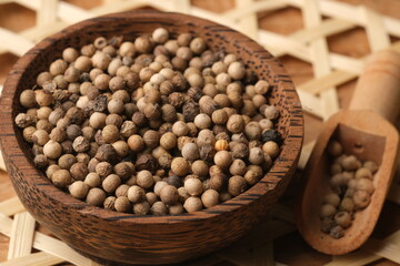 white pepper in the wooden bowl. pepper is a flowering vine in the family Piperaceae, cultivated for its fruit, which is usually dried and used as a spice and seasoning. Piper nigrum. 