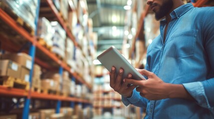 Close up diverse latino male manager in light warehouse distribution logistic centre holding tablet