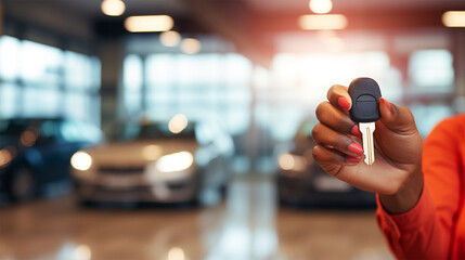 The hand of a woman in a red suit holds the key to a new car on a blurred background in a car showroom. copy space - obrazy, fototapety, plakaty