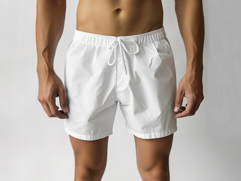 Blank white man swimming trunks shorts mockup on white background, for summer sport vacation
