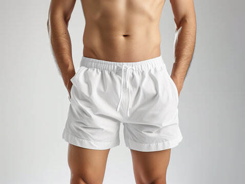 A man wearing blank white man swimming trunks shorts mockup on white background, for summer sport vacation