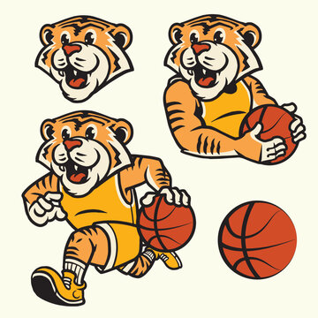 Tiger mascot logo collage basketball cartoon vector