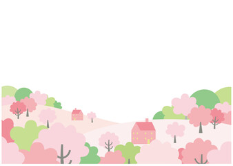 桜のある春の街並み風景イラスト