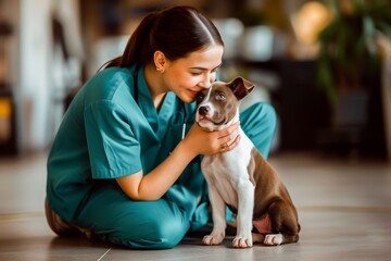Caring female veterinarian in teal scrubs lovingly embraces a small brown and white puppy at the animal clinic.