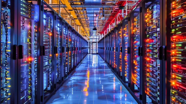 Futuristic data center with rows of server racks and vibrant LED lights. High-tech network and computing infrastructure.