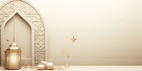 3d Luxury White Eid Mubarak Al Fitr Adha Ramadan Kareem Banner Background With Golden Lantern