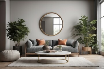 Living room nterior with sofa, mirror and ficus