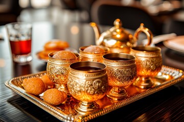 Elegant golden tea set with ornate engraving, served with traditional snacks on a polished table.