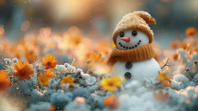 A snowman in a snowy meadow with flowers meet spring in the sunlight