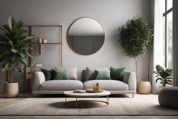Living room nterior with sofa, mirror and ficus