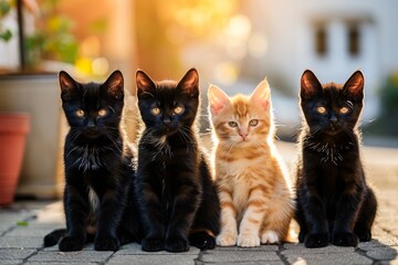 Four adorable kittens sitting together outdoors, with the sunlight casting a warm glow on their furry faces.