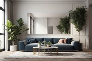 Living room nterior with sofa, mirror and ficus - obrazy, fototapety, plakaty
