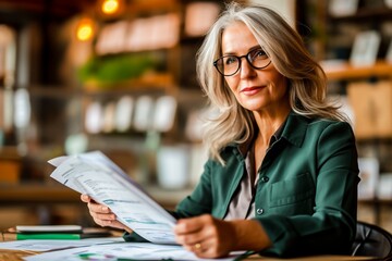 Fototapeta premium Confident mature businesswoman with glasses reviewing documents in an office environment.