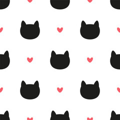 Seamless pattern with black cat heads and red hearts