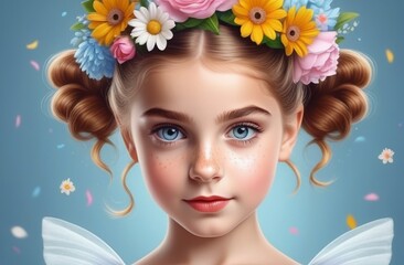 beautiful, lovely, little ballerina girl with freckles and flowers on her head.