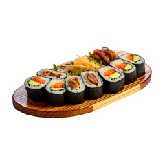 Kimbab is served on a board with a transparent background