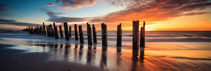 A tranquil scene of a broken wooden jetty stretching out into the golden sea