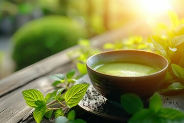 美しい日本風の背景と抹茶のイメージ（緑茶・茶道・庭園） - obrazy, fototapety, plakaty