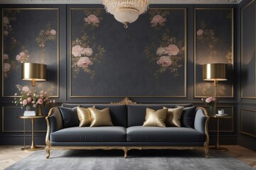 dark living room interior with floral wallpaper, molding on wall and gold lamp