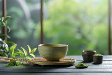 Naklejka premium 美しい日本風の背景と抹茶のイメージ（緑茶・茶道・庭園）