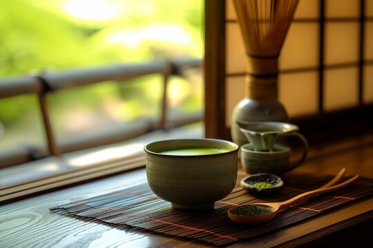美しい日本風の背景と抹茶のイメージ（緑茶・茶道・庭園）