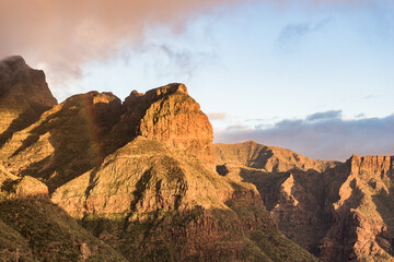Scenic view over the mountains of Masca Valley at golden hour. Tenerife, Canary Islands, Spain. - 722911566