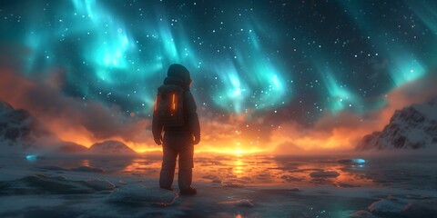 Fototapeta premium Lone explorer against a majestic aurora in a frozen wilderness. a moment of solitude and reflection. epic adventure scene. AI