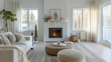A Scandinavian-inspired living room with neutral tones, clean lines, and a cozy fireplace.