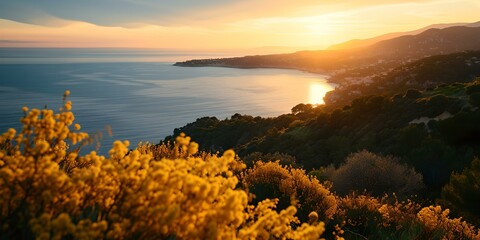 Golden sunset over coastal landscape, serene nature scenery. quiet evening by the sea. perfect for background use. AI