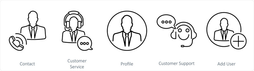 A set of 5 Contact icons as contact, customer service, profile