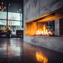 Living room with fireplace. Modern glass fake electric fireplace in living room.