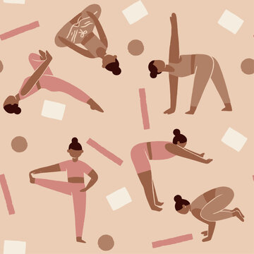 Girls practicing Yoga Poses Zen Seamless Pattern with geometric element and minimalistic style, pink and beige shades