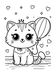 Cartoon Coloring page for kids Cat Princess with crown. A funny kitten and a balloon. Birthday