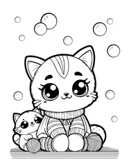 Cartoon Coloring page for kids Cat and little kitten playing with soap bubbles
