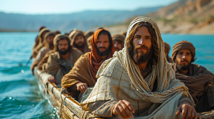 Jesus Christ with his disciples in a boat on the lake. Christian religious photo for church...