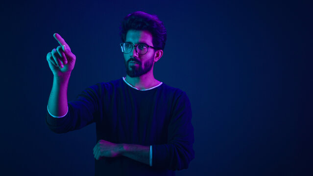 Infographic hologram backdrop template ultraviolet neon background coder programmer computer security system software man coder touch air space interface digital cyber technology virtual screen icon - Powered by Adobe