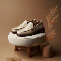 Medium shot of high-resolution Smooth Loafers in pale oyster color, on a minimalist accent stool, with a subtle texture