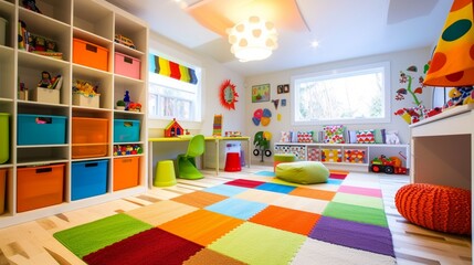 A vibrant children's playroom with colorful rugs, storage bins, and whimsical wall decals.