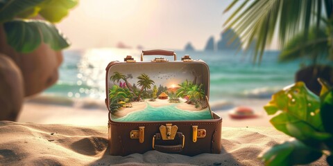 vacation travel time banner, open travel suitcase with exotic destination inside with copy space...