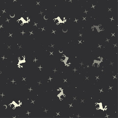 Seamless pattern with stars, deer symbols on black background. Night sky. Vector illustration on black background